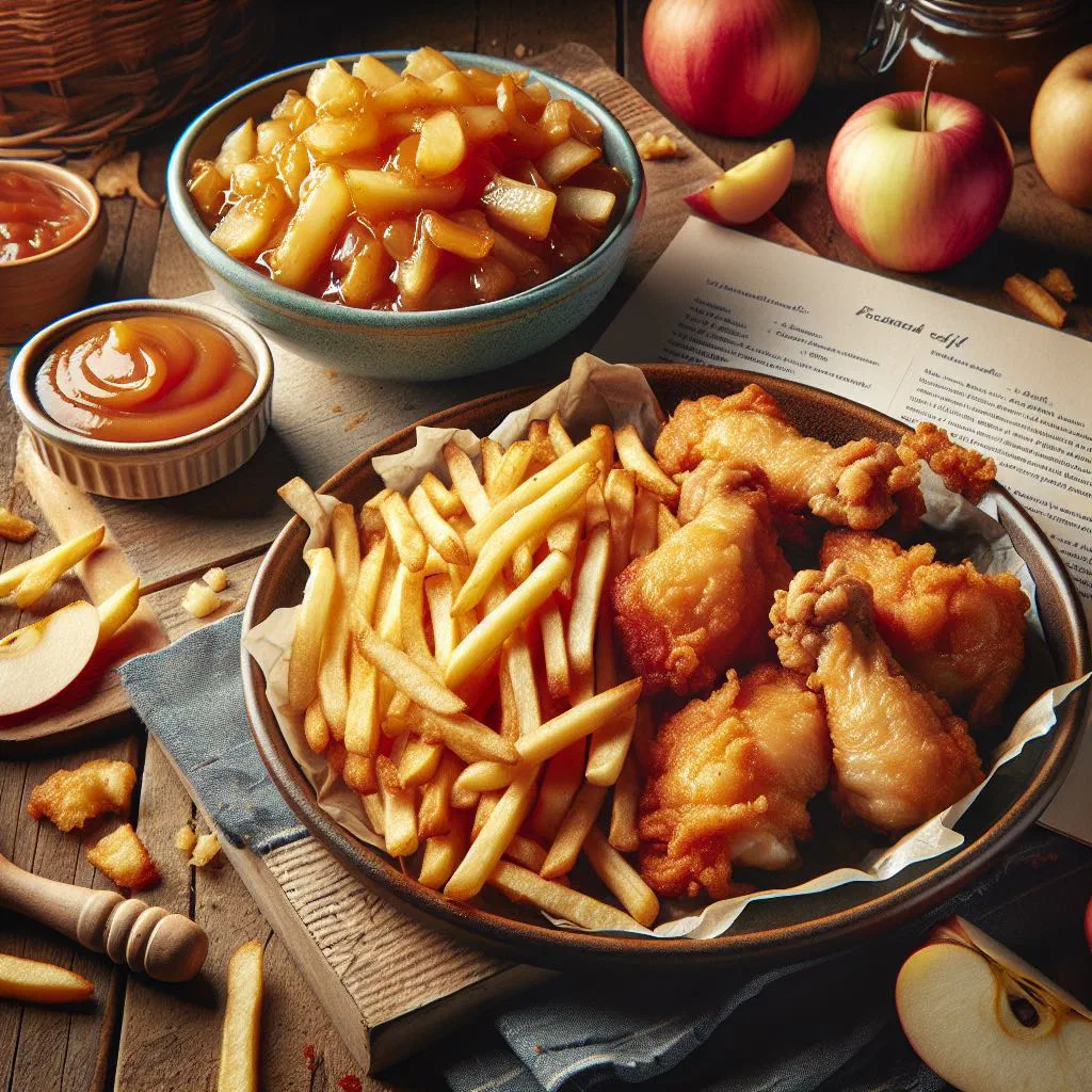 Crispy chicken with golden chips and a bowl of apple sauce