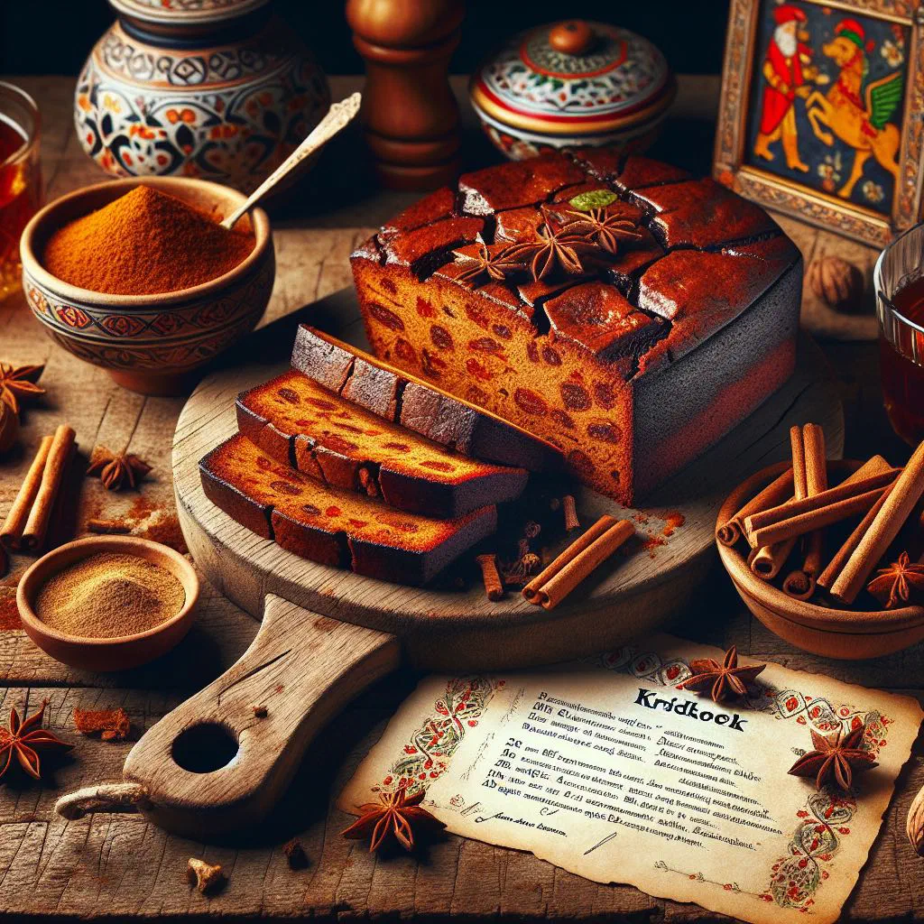 Sliced Belgian kruidkoek spice cake on a wooden board