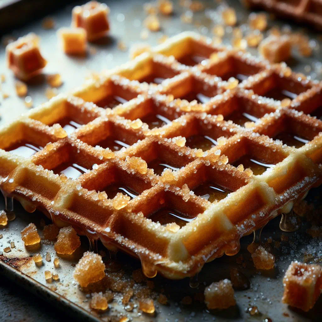 Golden Liège waffles with a caramelised sugar crust on a plate
