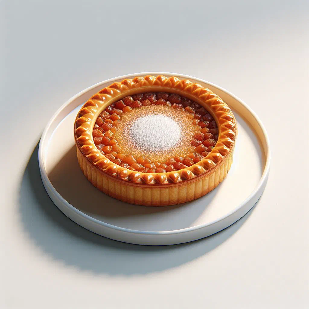 Golden Mattentaart tart with creamy curd cheese filling, dusted with icing sugar