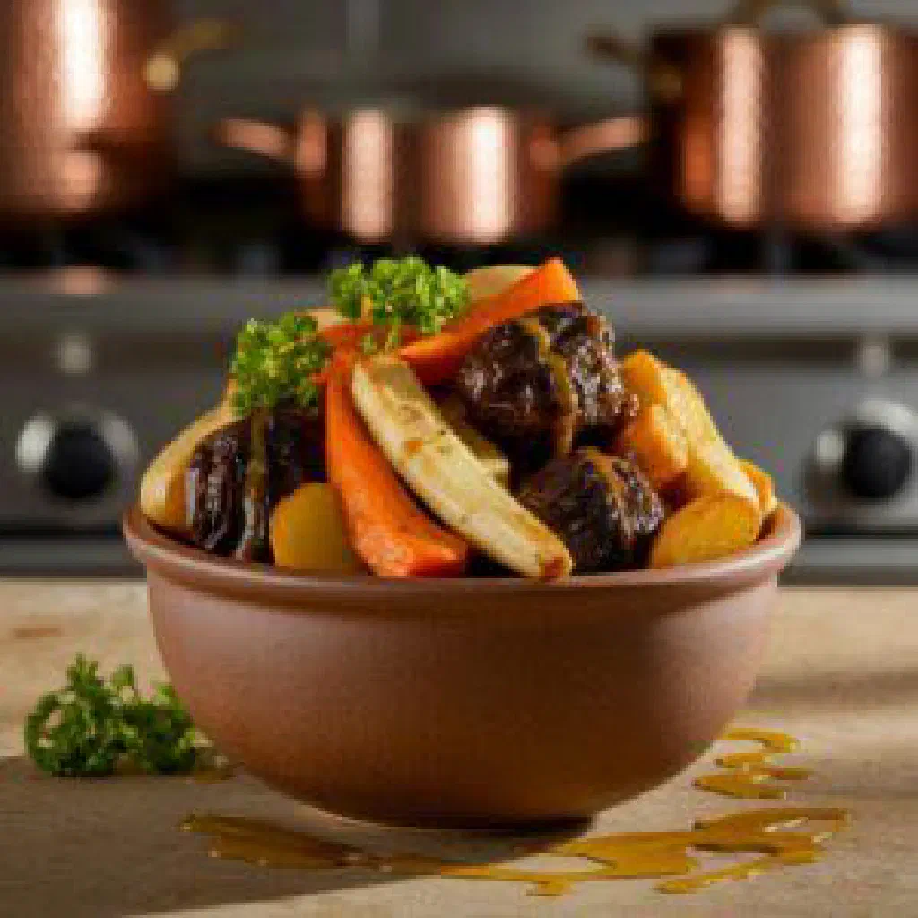 Braised Mechelse Koekoek chicken in a creamy herb sauce with root vegetables