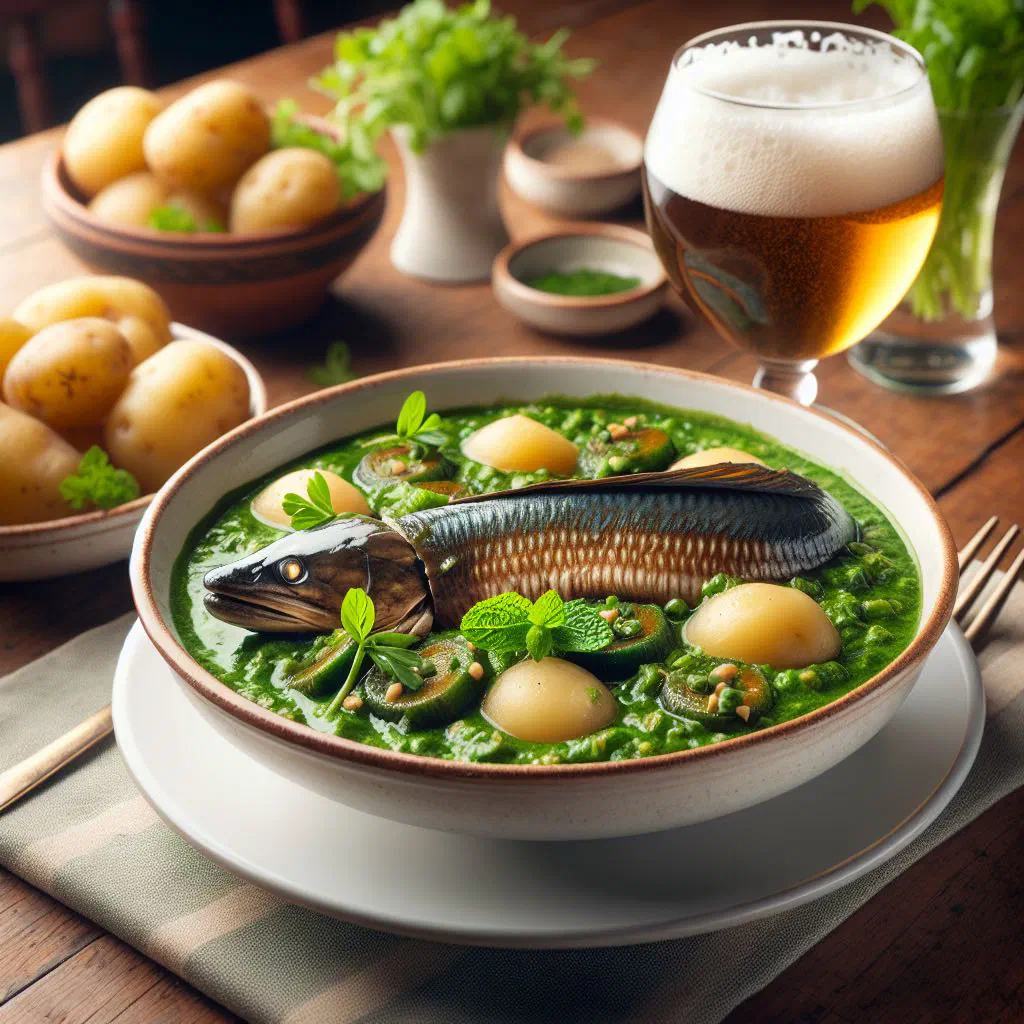Pieces of eel in a vivid green herb sauce, served with crusty bread