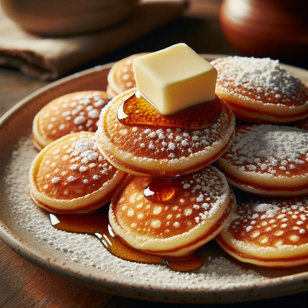 A plate of fluffy poffertjes dusted with icing sugar and topped with butter