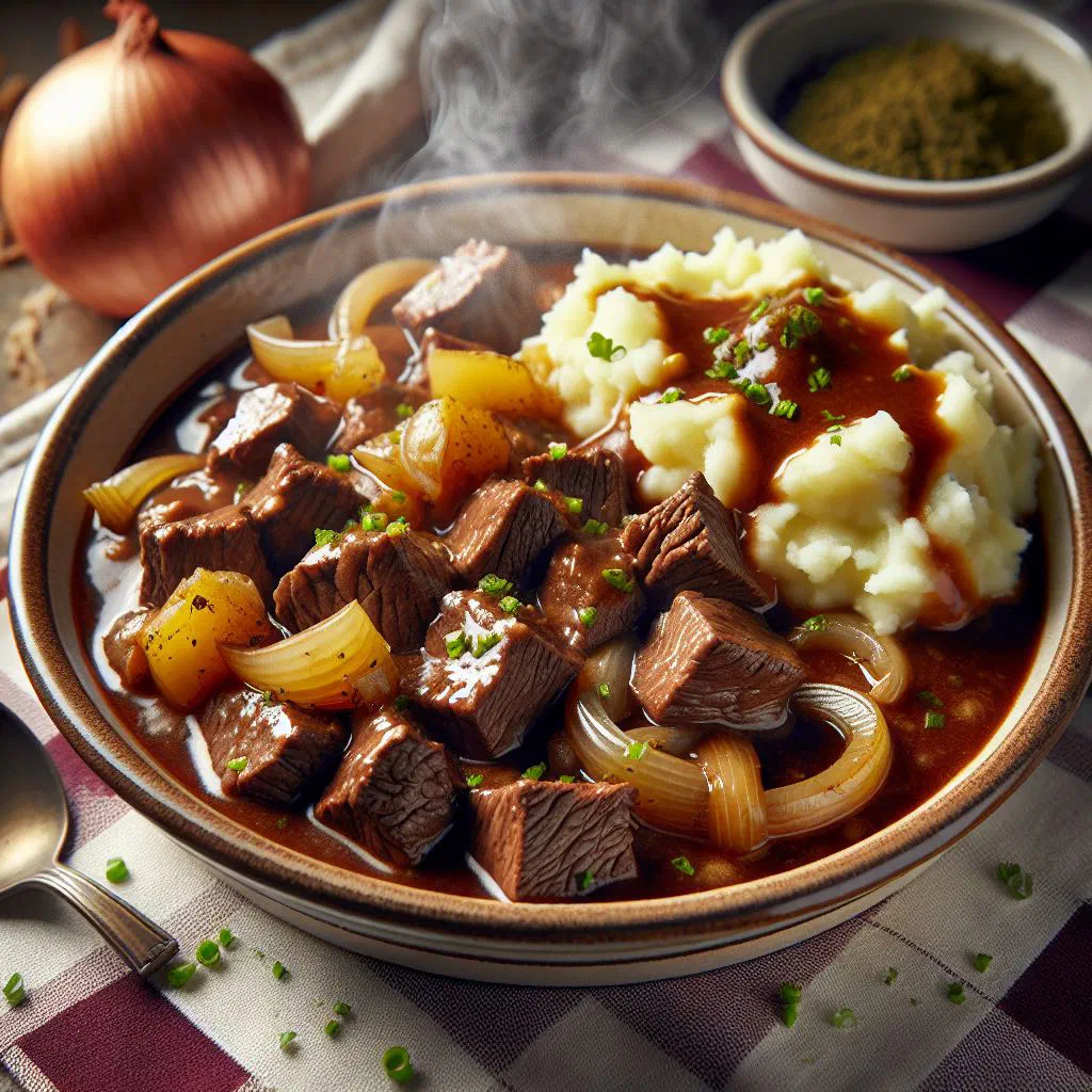 Belgian stoofvlees beef stew in a dark beer gravy with crusty bread