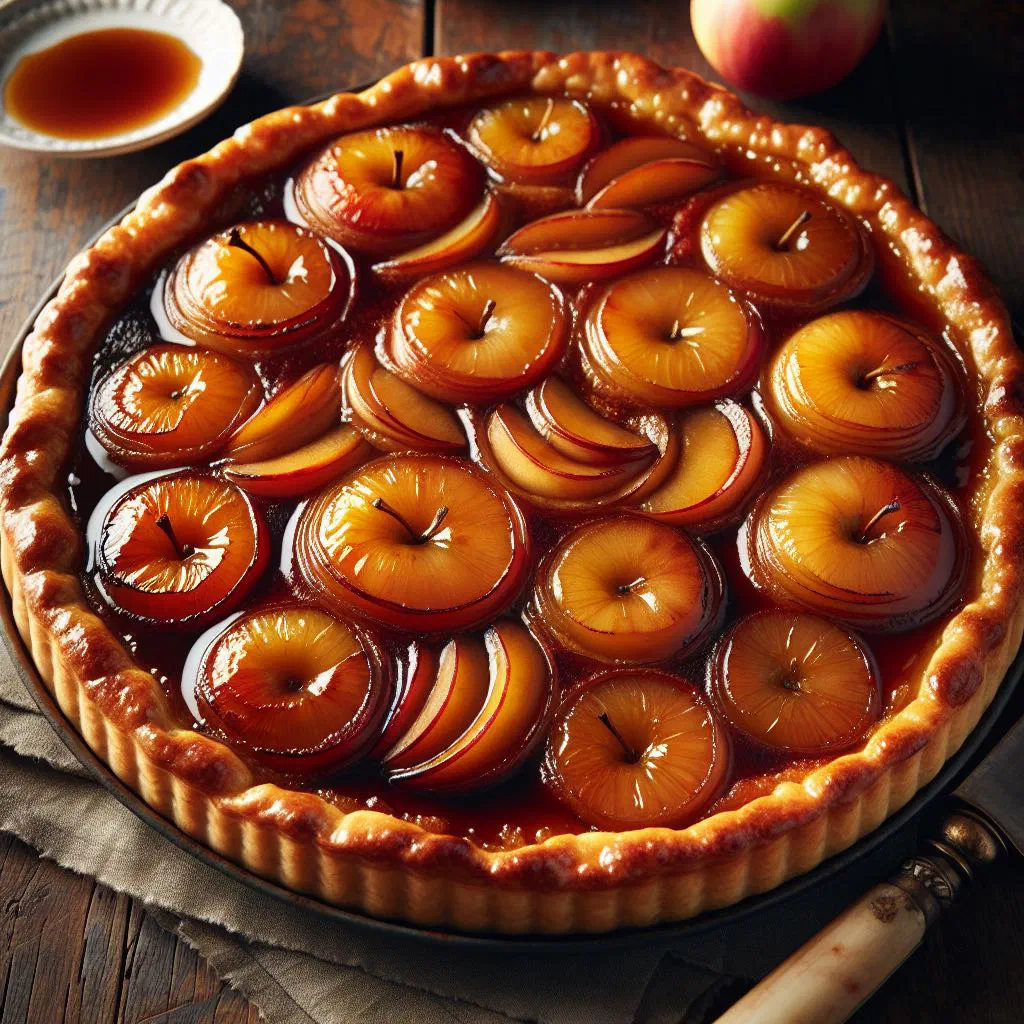 Upside-down caramelised apple tarte Tatin on a serving plate