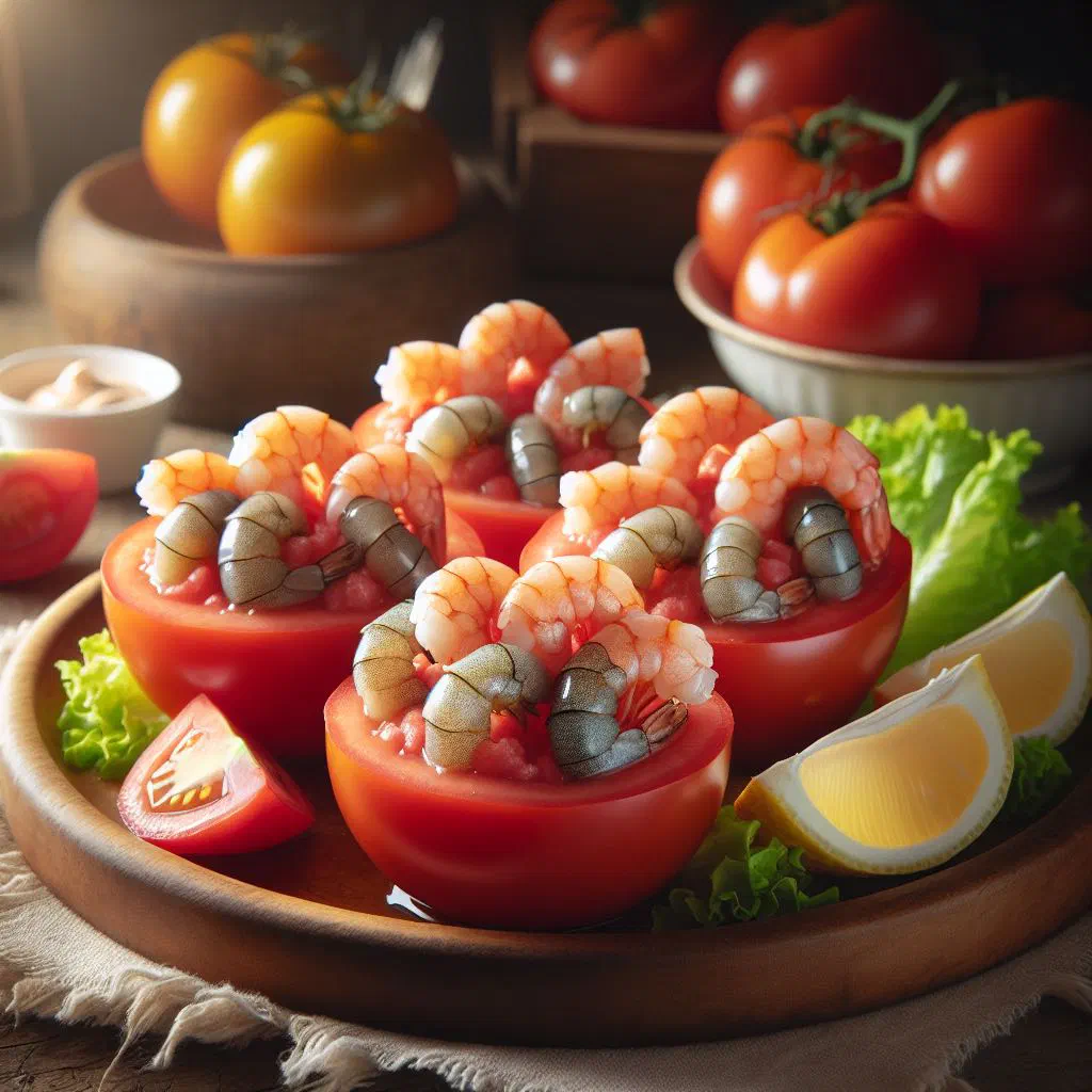 Hollowed tomatoes filled with North Sea shrimp in herb mayonnaise