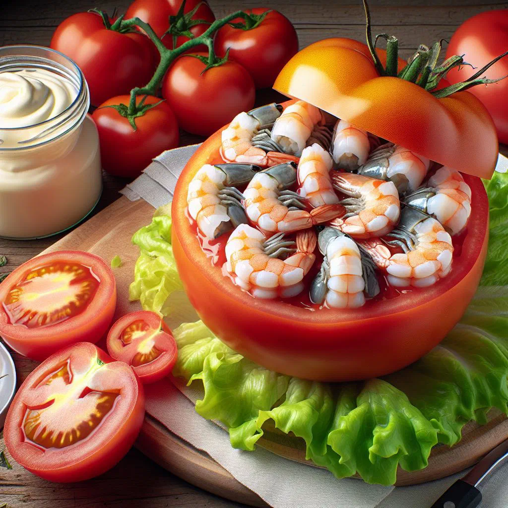 Hollowed tomatoes filled with shrimp and garnished with fresh parsley