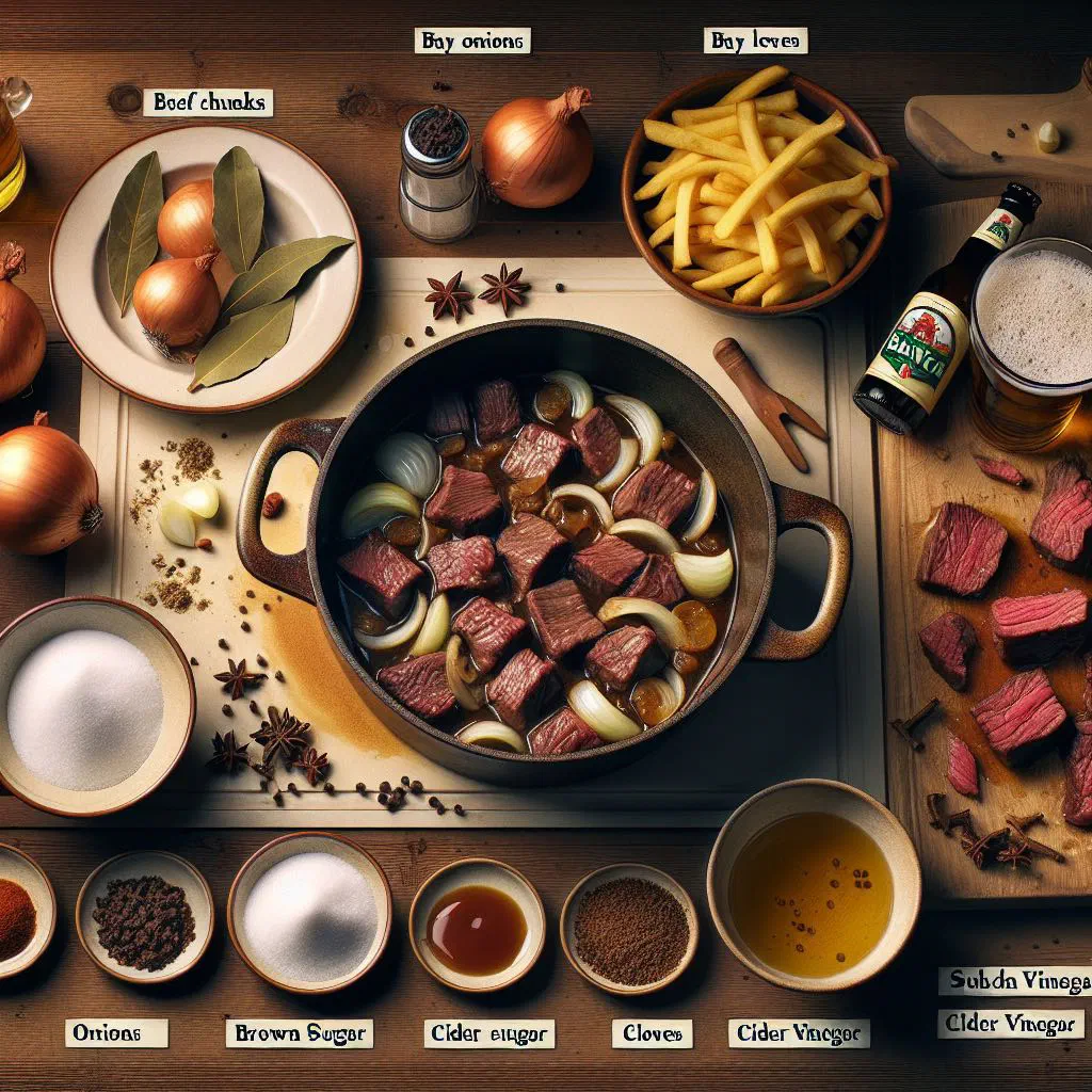 Bowl of Flemish sweet-and-sour braised beef served with golden chips
