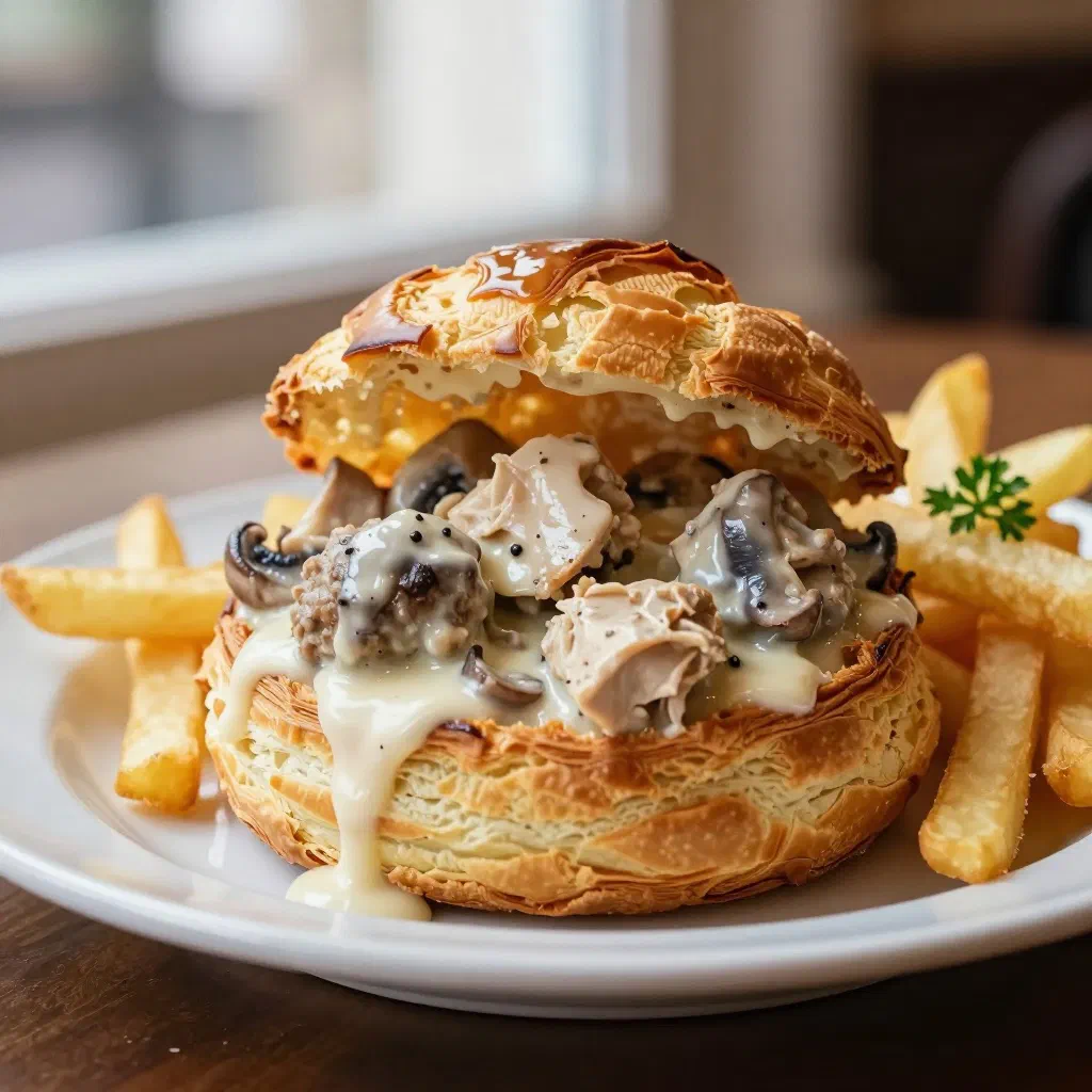 Golden puff pastry vol-au-vent filled with creamy chicken and mushrooms