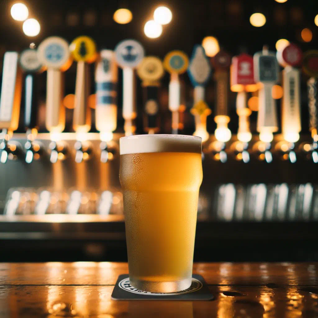 Cloudy golden witbier in a tall glass with a slice of orange
