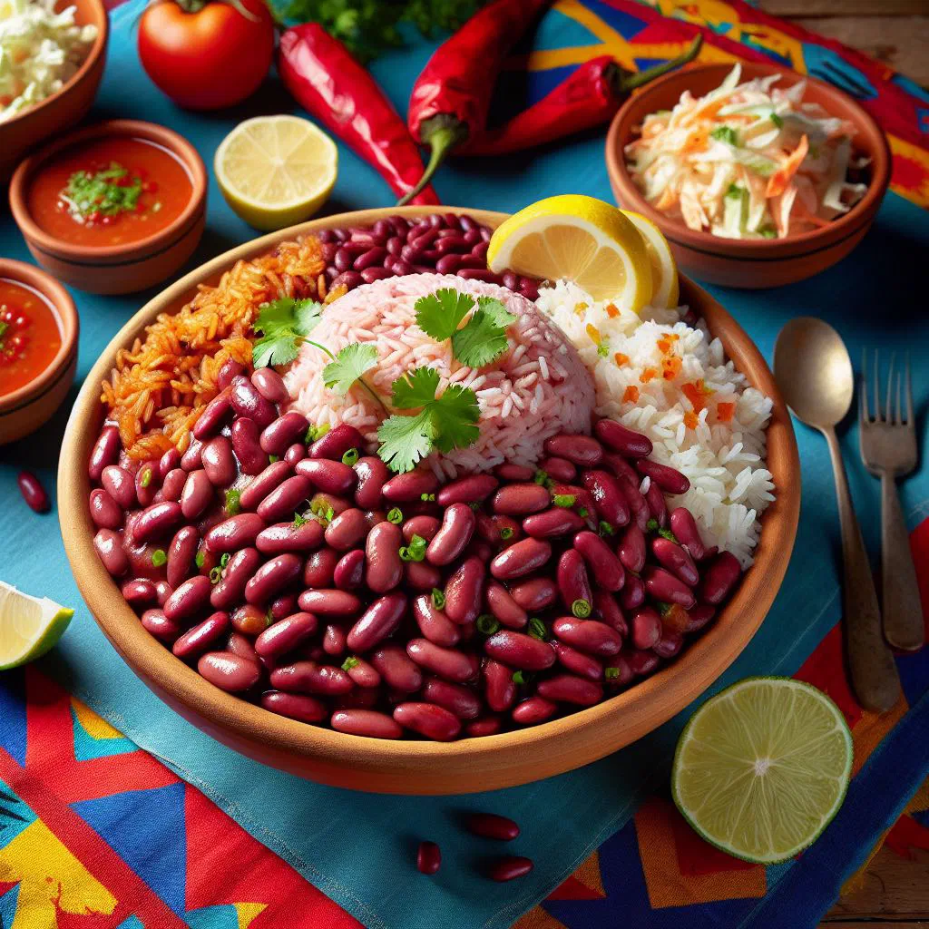 A bowl of Belizean rice and beans cooked in coconut milk, garnished with fresh herbs