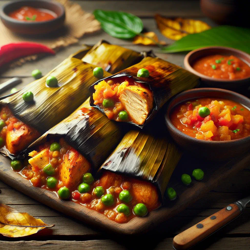 Belizean tamales wrapped in banana leaves on a plate