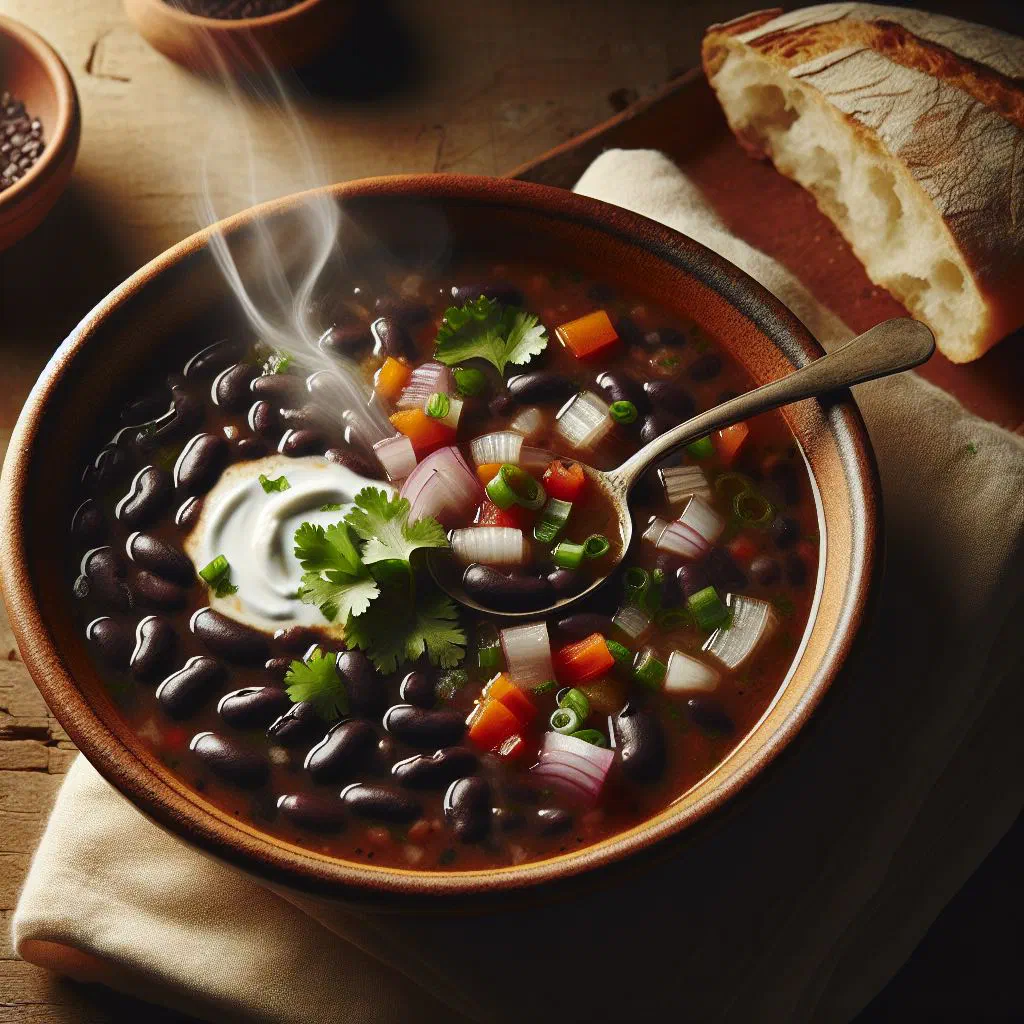 A bowl of creamy Belizean black bean soup garnished with fresh coriander and lime