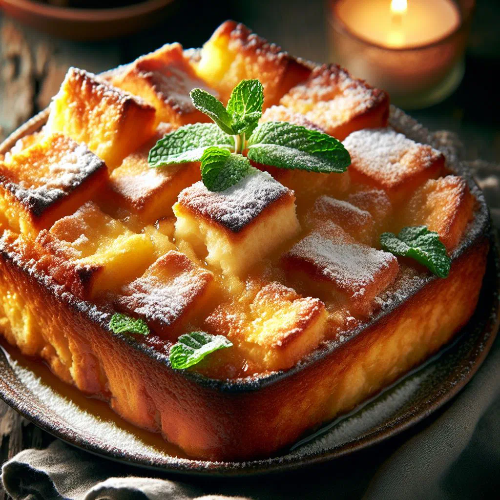 Golden-baked bread and butter pudding in a dish, dusted with nutmeg