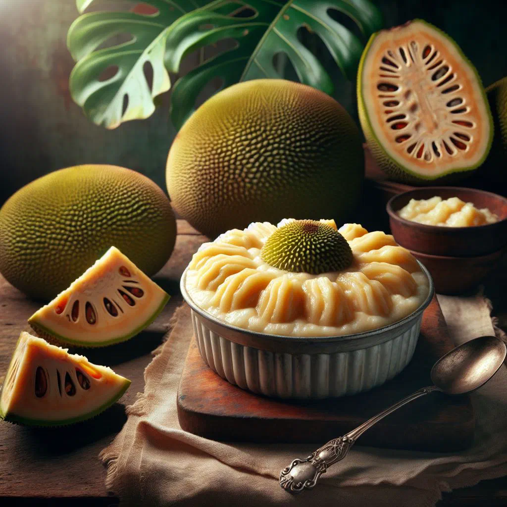 Baked breadfruit pudding with a golden top, served on a plate
