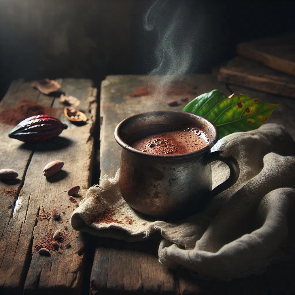 A steaming mug of spiced Belizean cacao drink topped with cinnamon
