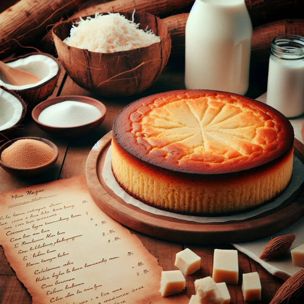 Golden baked cassava cake sliced on a plate with coconut