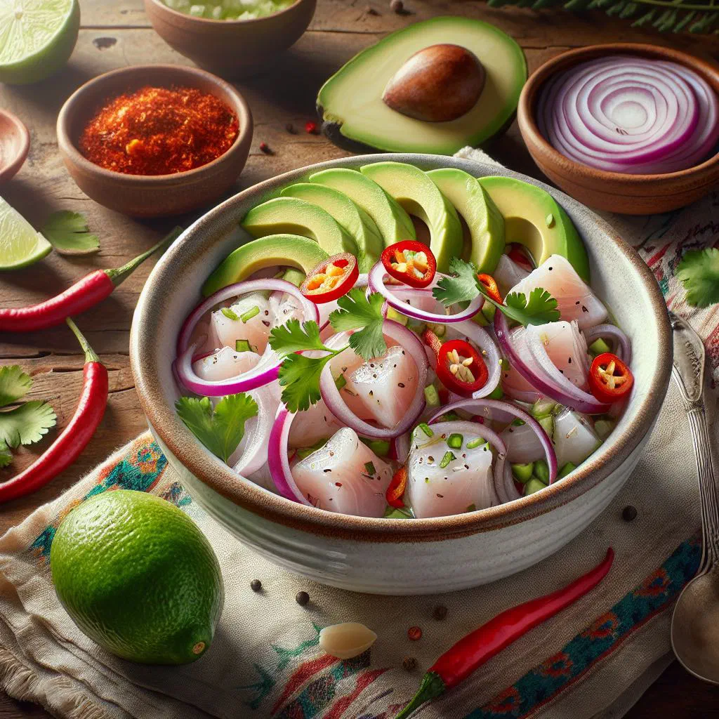 Belizean ceviche with diced white fish, tomato, onion and coriander in a bowl