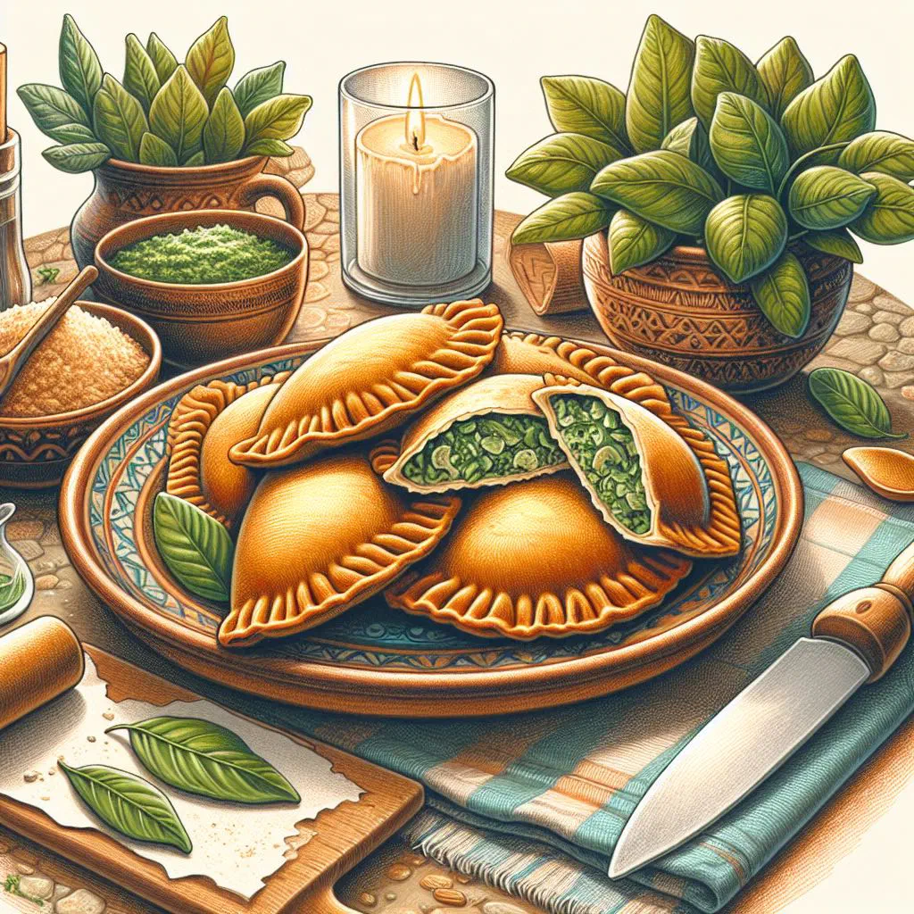 Golden fried chaya empanadas on a plate with a fresh dip
