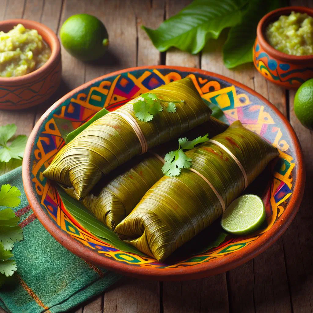 Steamed chaya tamales wrapped in banana leaves on a plate