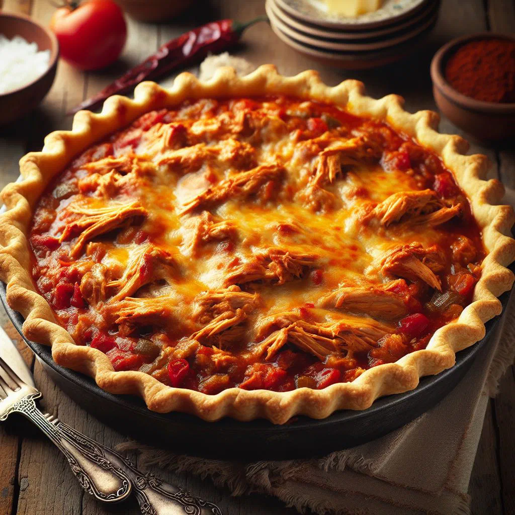 Golden chicken tamale pie with a cornmeal crust in a baking dish