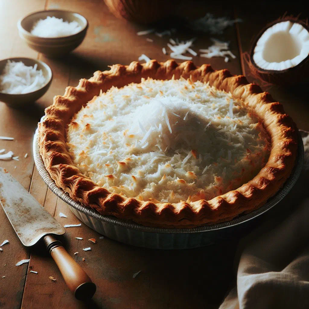 A golden coconut pie with a crisp crust and creamy coconut filling