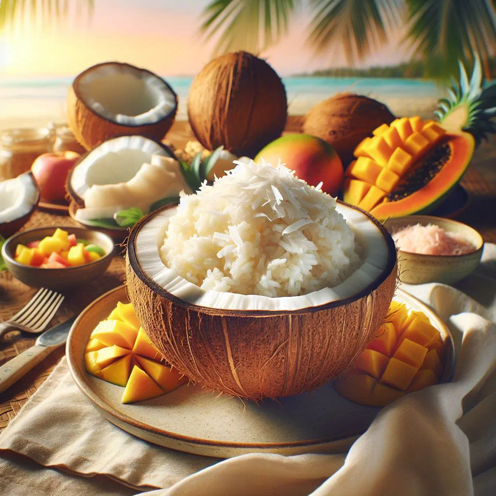 Fluffy coconut rice garnished with fresh herbs in a bowl