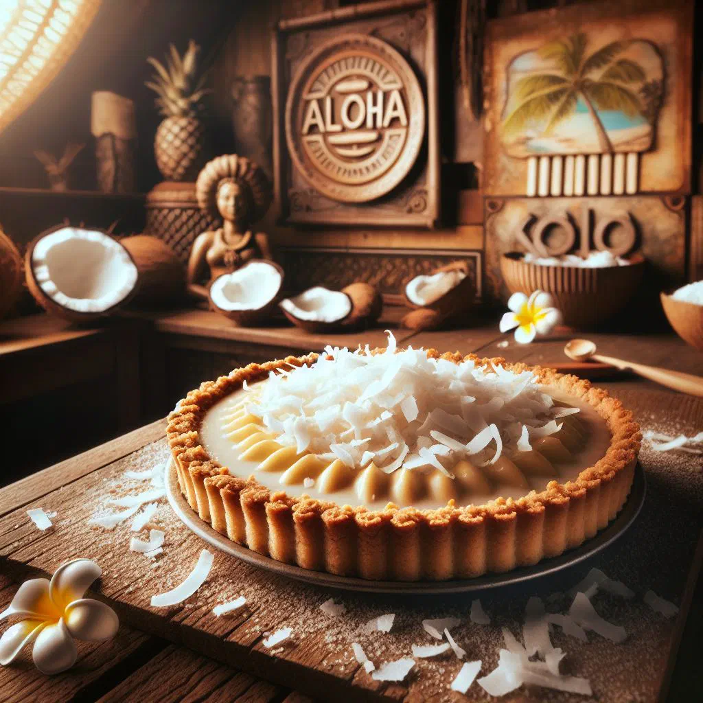 Golden baked coconut tart dusted with icing sugar on a plate