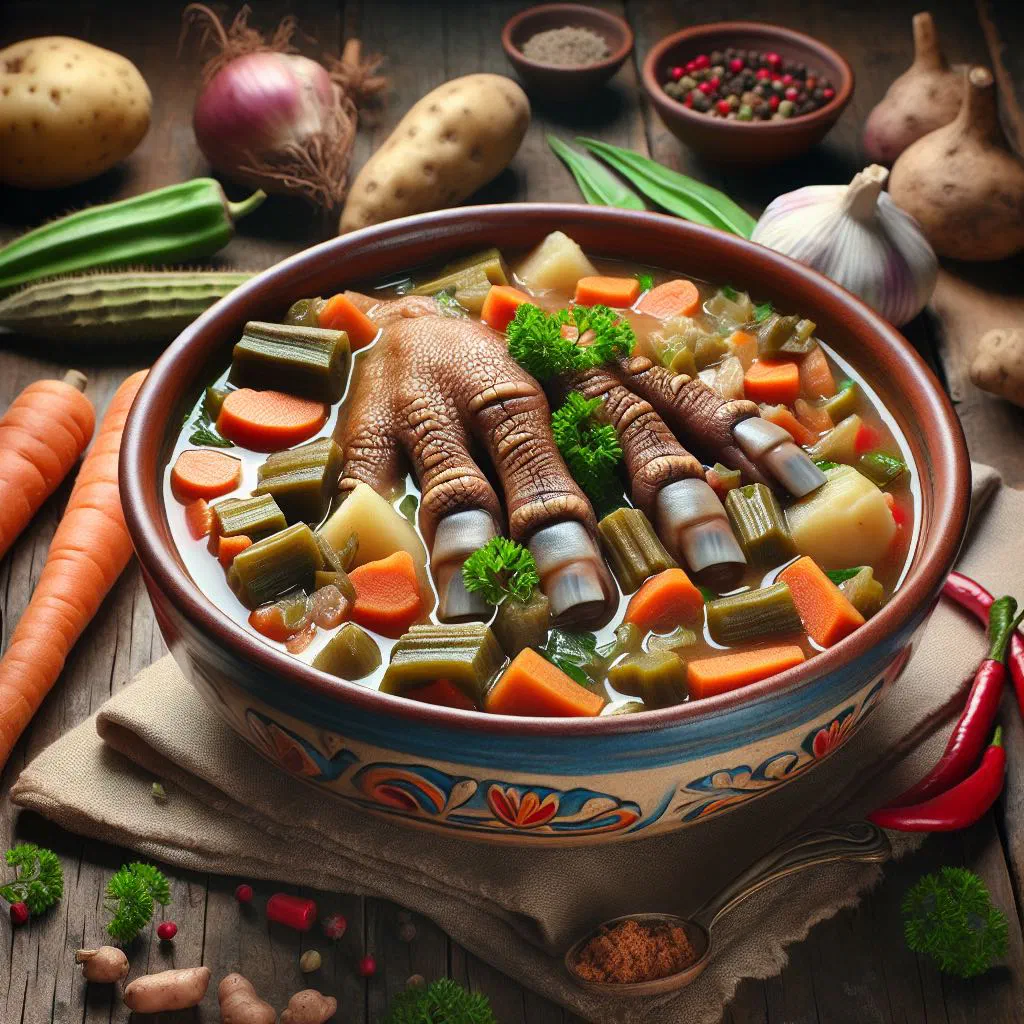 A steaming bowl of Belizean cow foot soup with tender beef, vegetables and fresh herbs