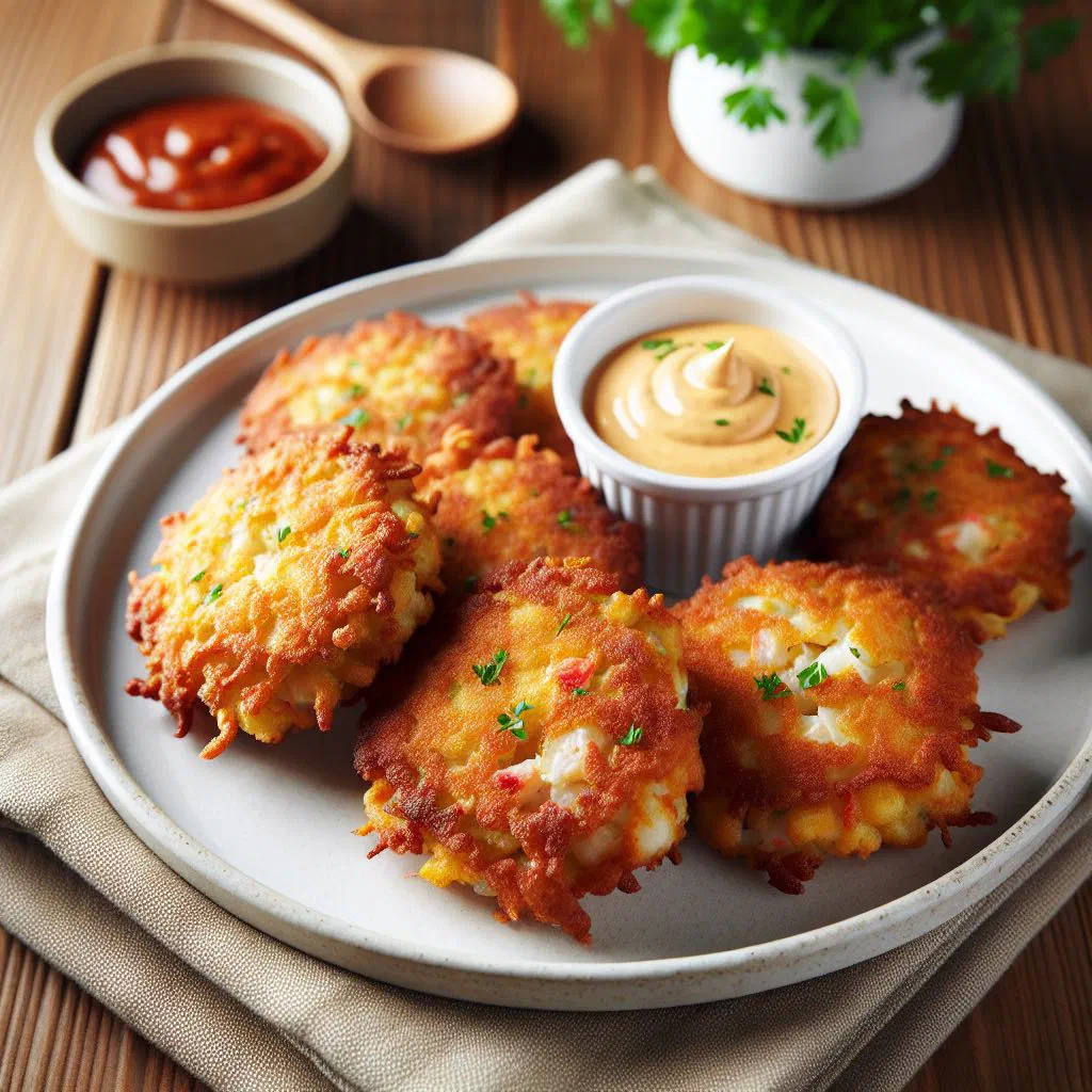 Golden-brown crab fritters served with a wedge of lime