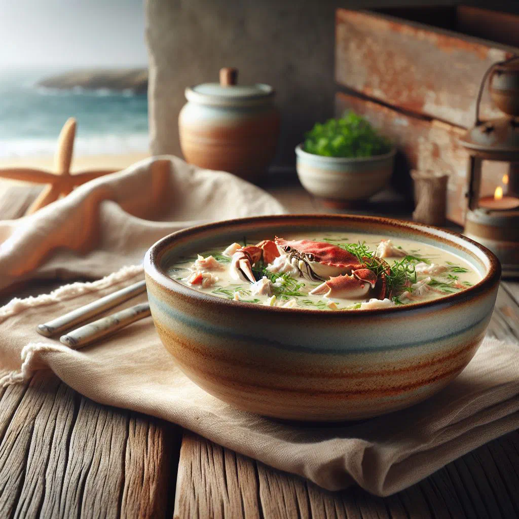 A bowl of Belizean crab soup in creamy coconut broth garnished with fresh coriander and lime