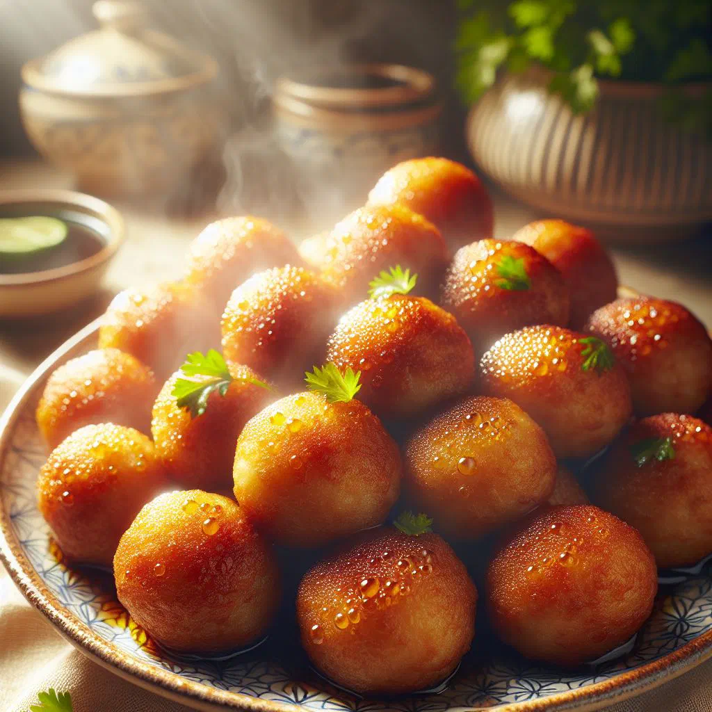 Golden fried Belizean fish balls served with a dipping sauce
