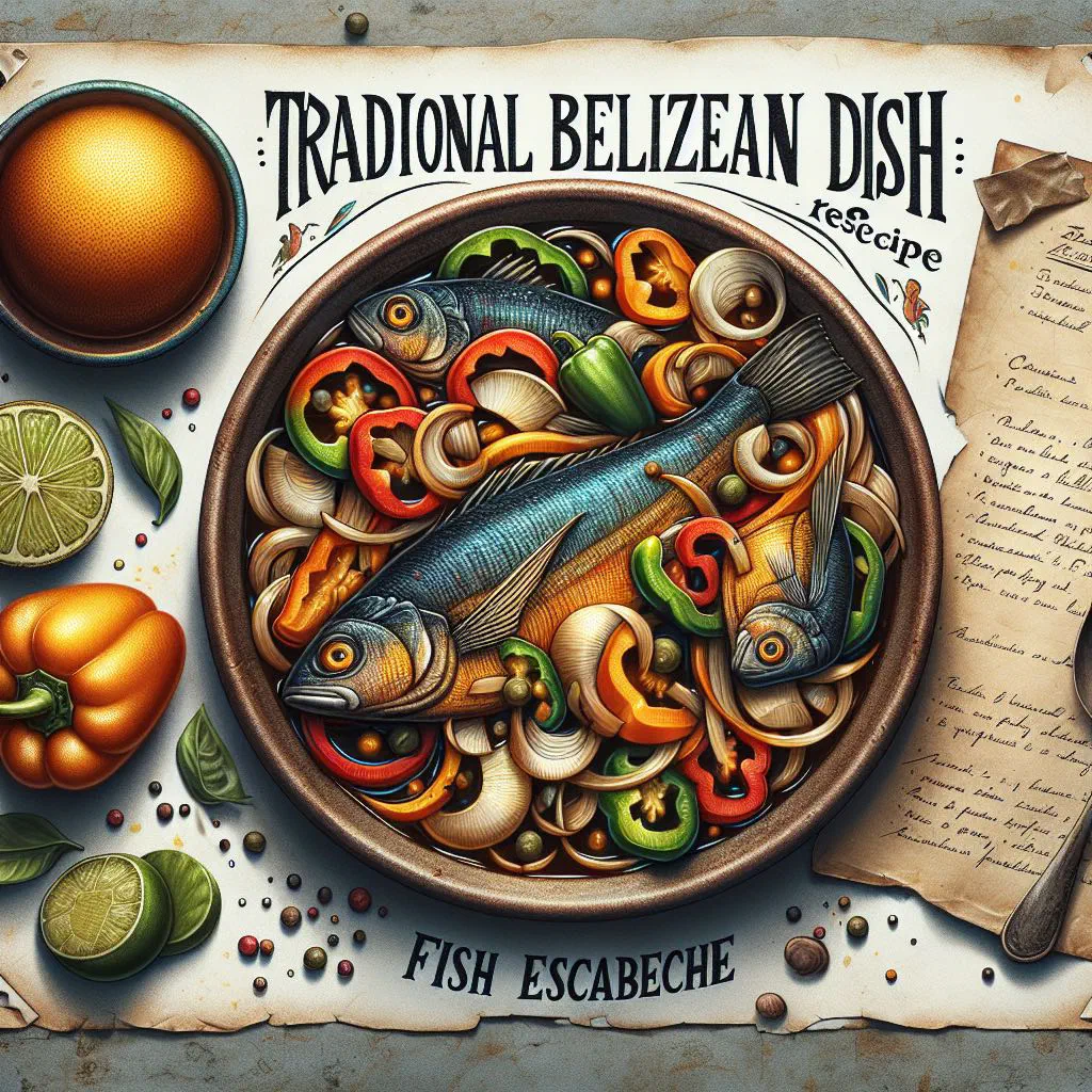 Fish escabeche with onion rings and vegetables in a tangy vinegar broth