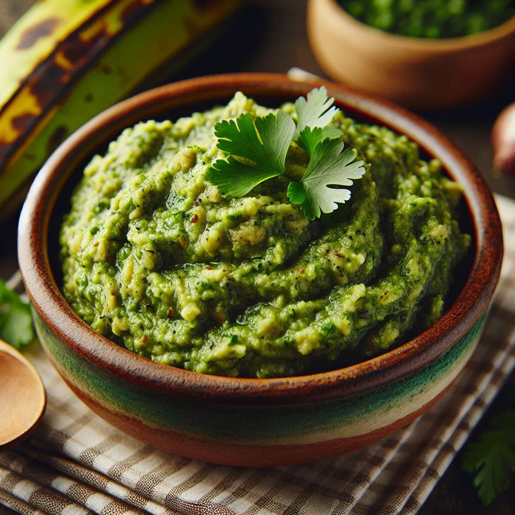 Creamy green plantain mash garnished with fresh coriander and lime