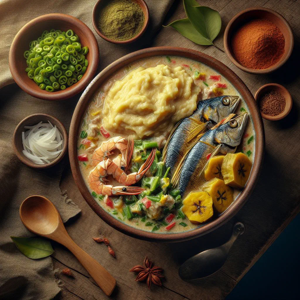 Bowl of hudut with mashed plantains, fish and coconut broth