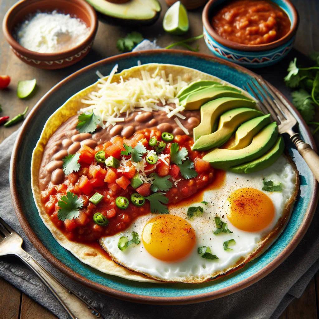 Fried eggs on crispy corn tortillas topped with spicy tomato sauce and fresh coriander
