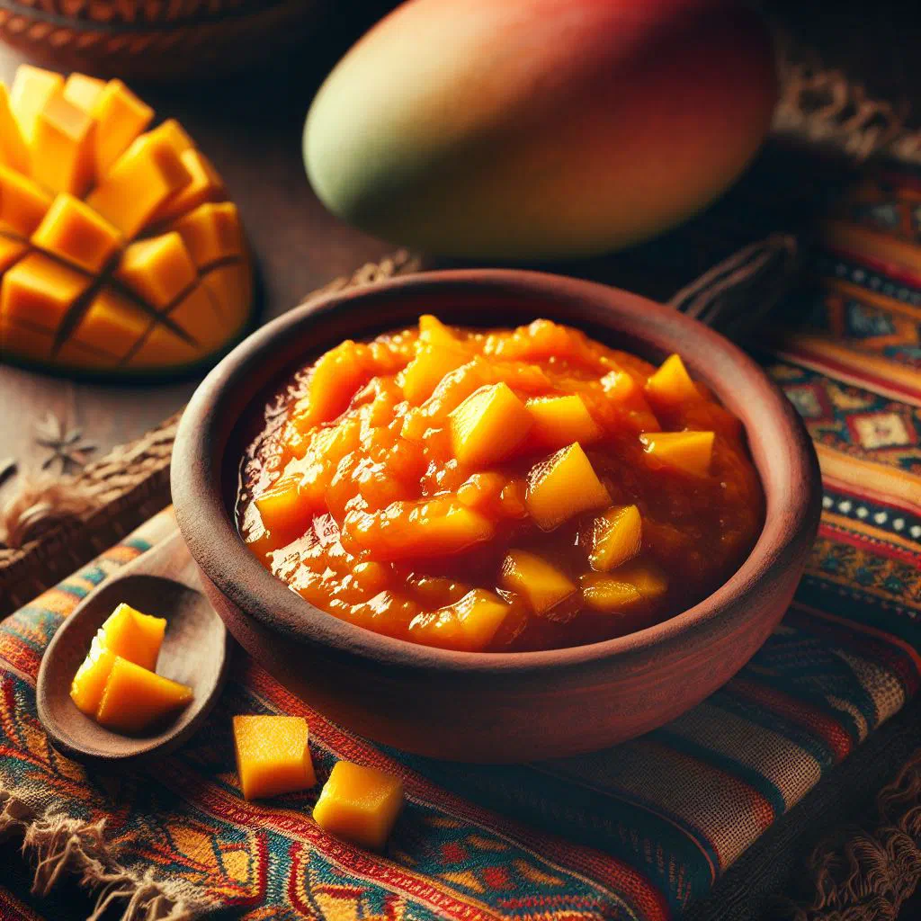 A bowl of golden mango chutney flecked with chilli and spices