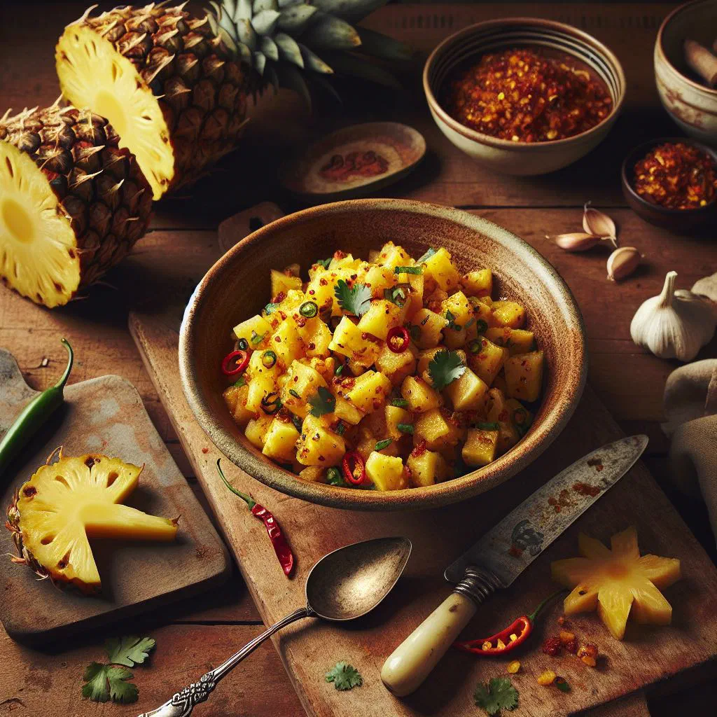 Bowl of pineapple chow with lime, red onion and chilli