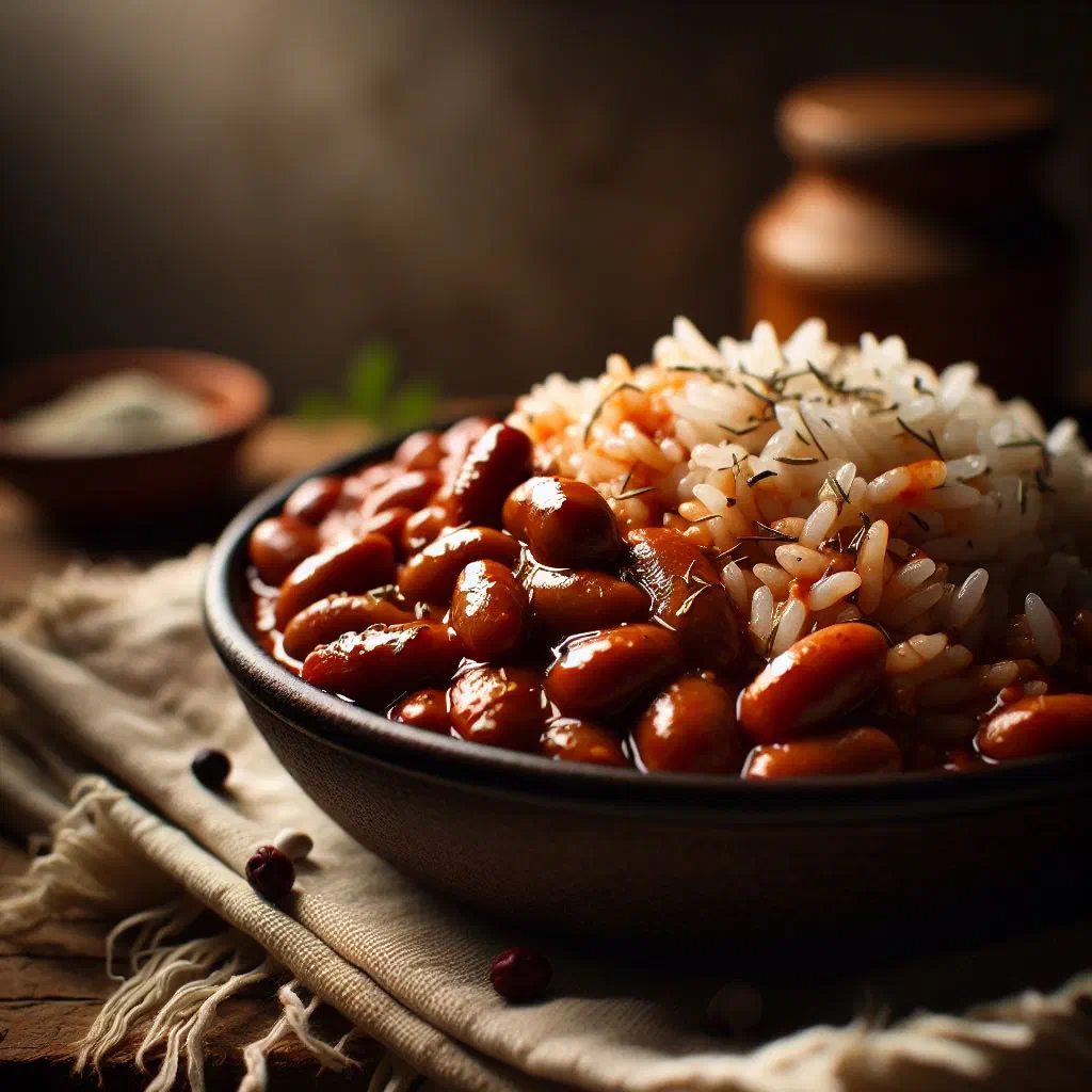 Belizean rice and beans cooked in coconut milk, served with chicken