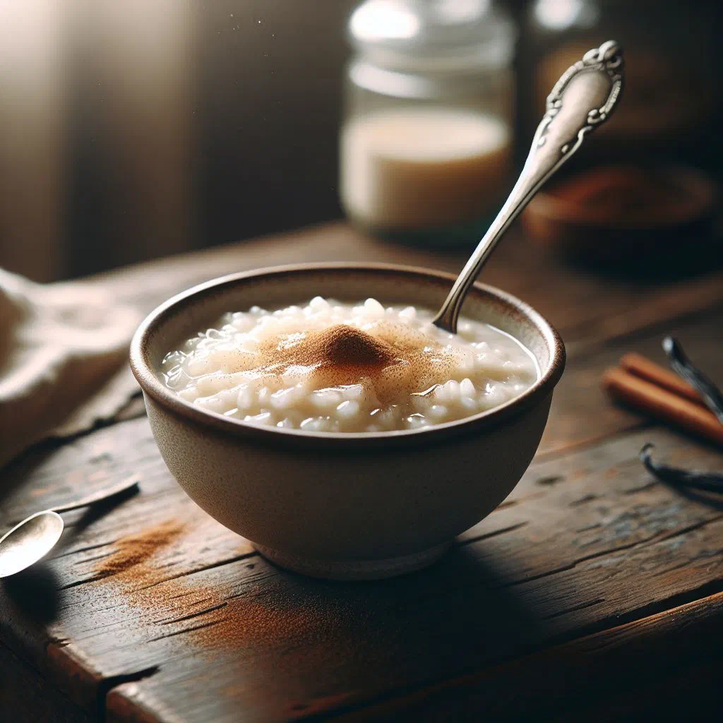 Creamy Belizean rice pudding dusted with cinnamon in a bowl