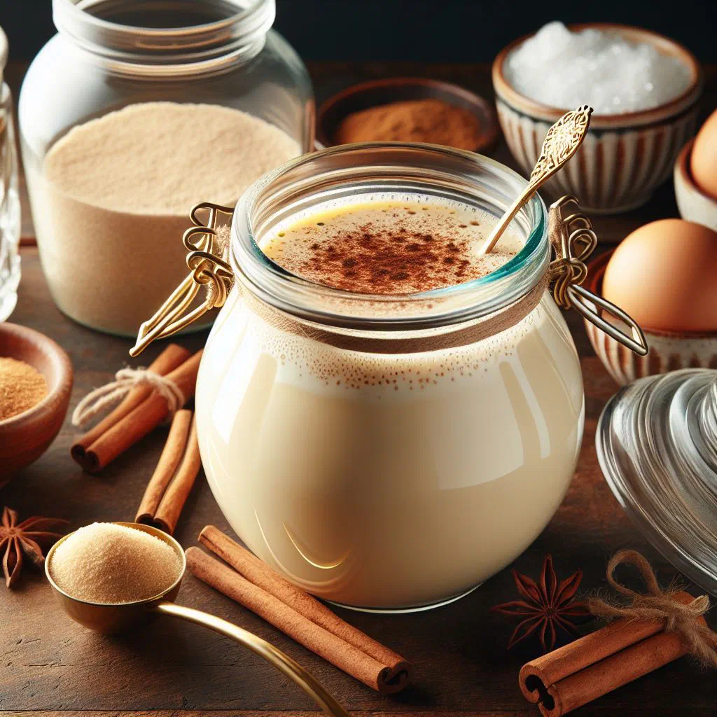 Creamy rumpopo served in a glass with a dusting of cinnamon