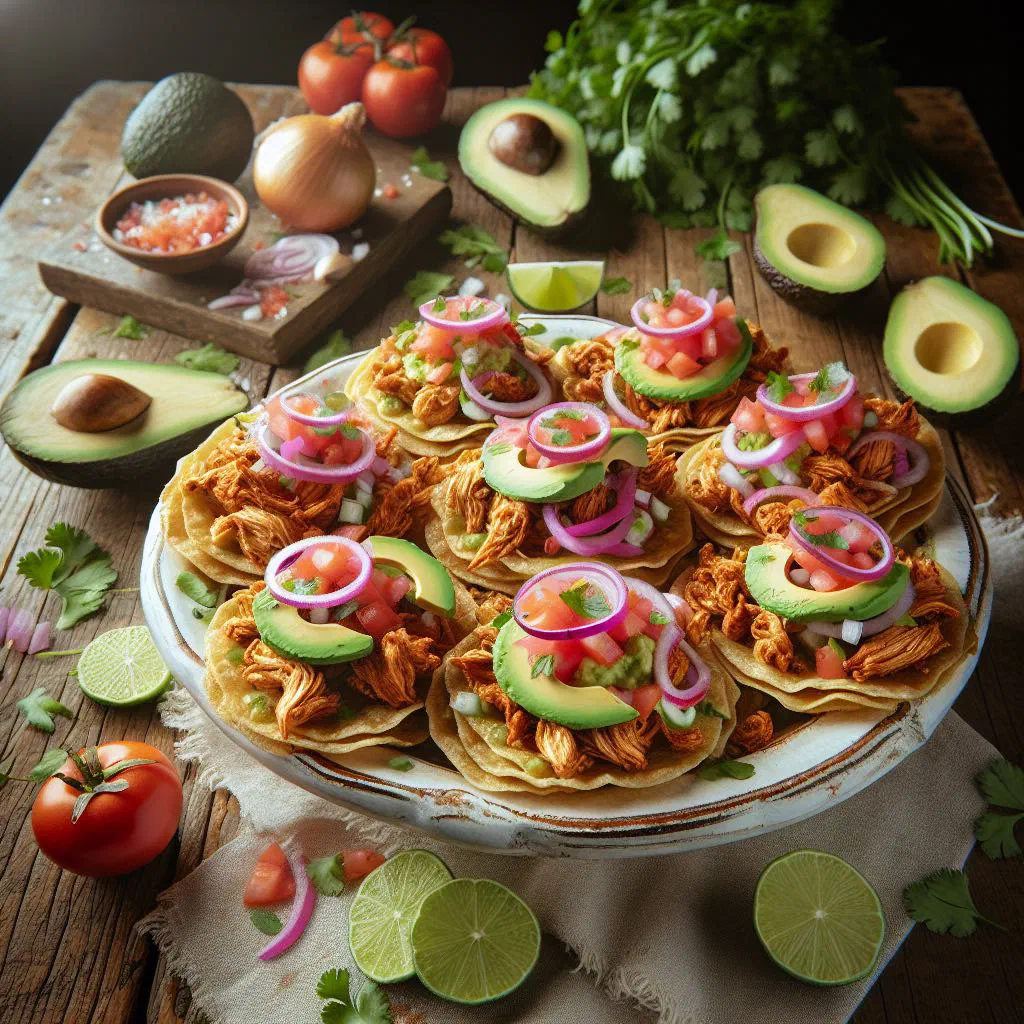Crispy fried salbutes topped with chicken, tomato and avocado