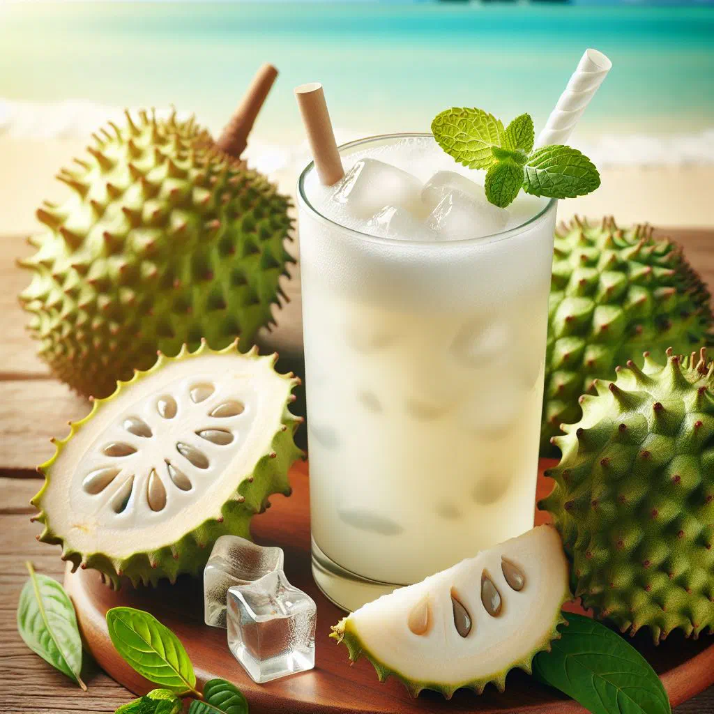 A tall glass of creamy soursop juice served over ice with mint