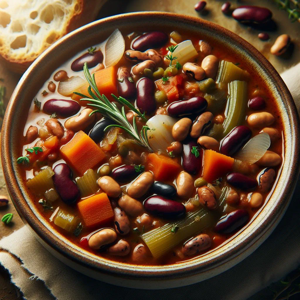 A bowl of Belizean stew beans in a rich, spiced sauce garnished with fresh herbs