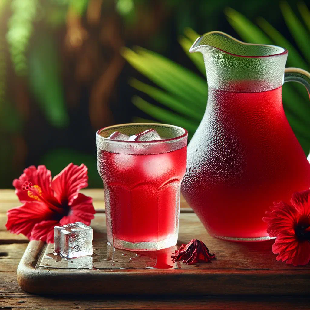 Glass of deep red bissap hibiscus drink with ice and fresh mint