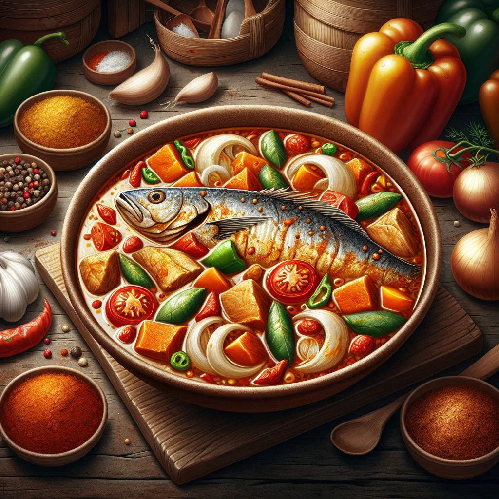Dahomey fish stew with tomatoes, peppers and fresh herbs in a bowl