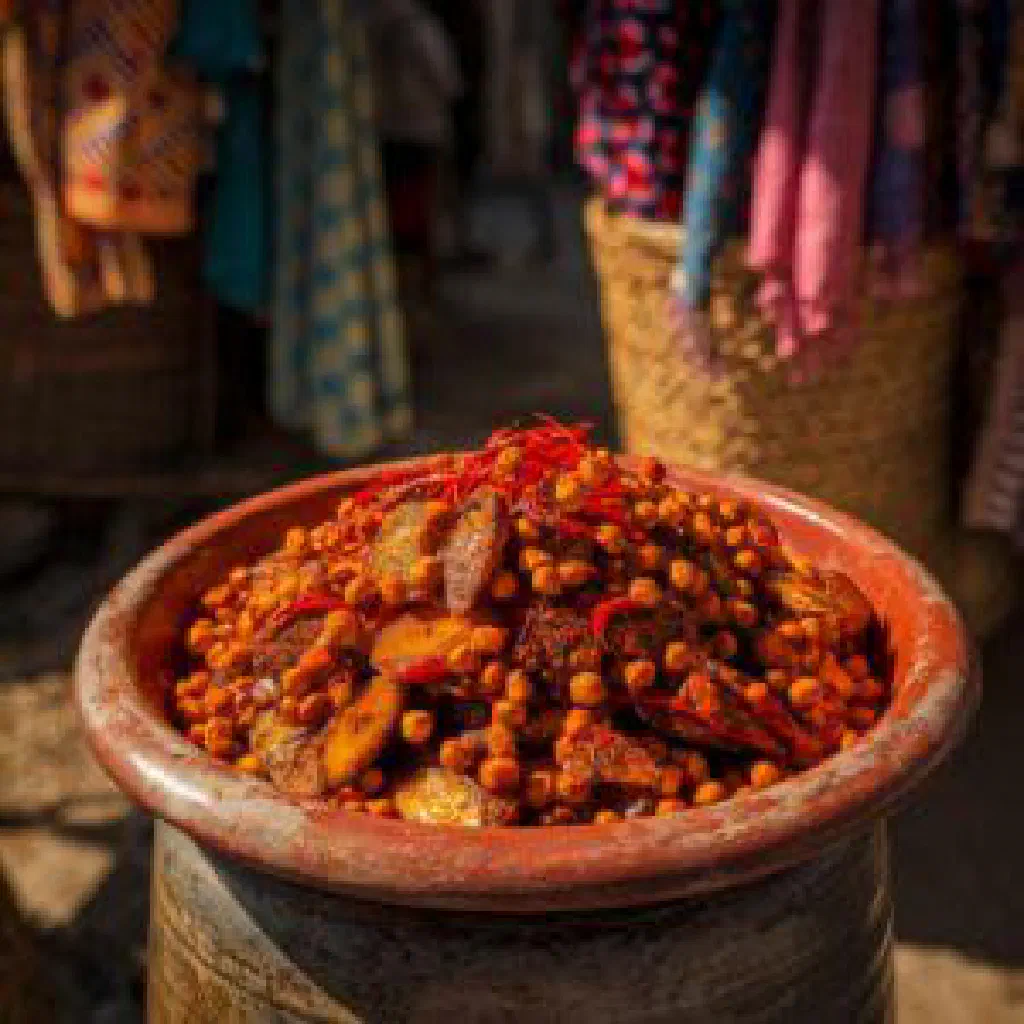 Bowl of Djèwo rice with tender meat, carrots and peppers, garnished with fresh herbs