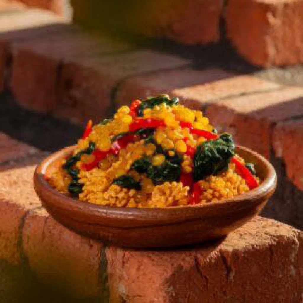 Bowl of gari foto made from fermented cassava with sautéed vegetables