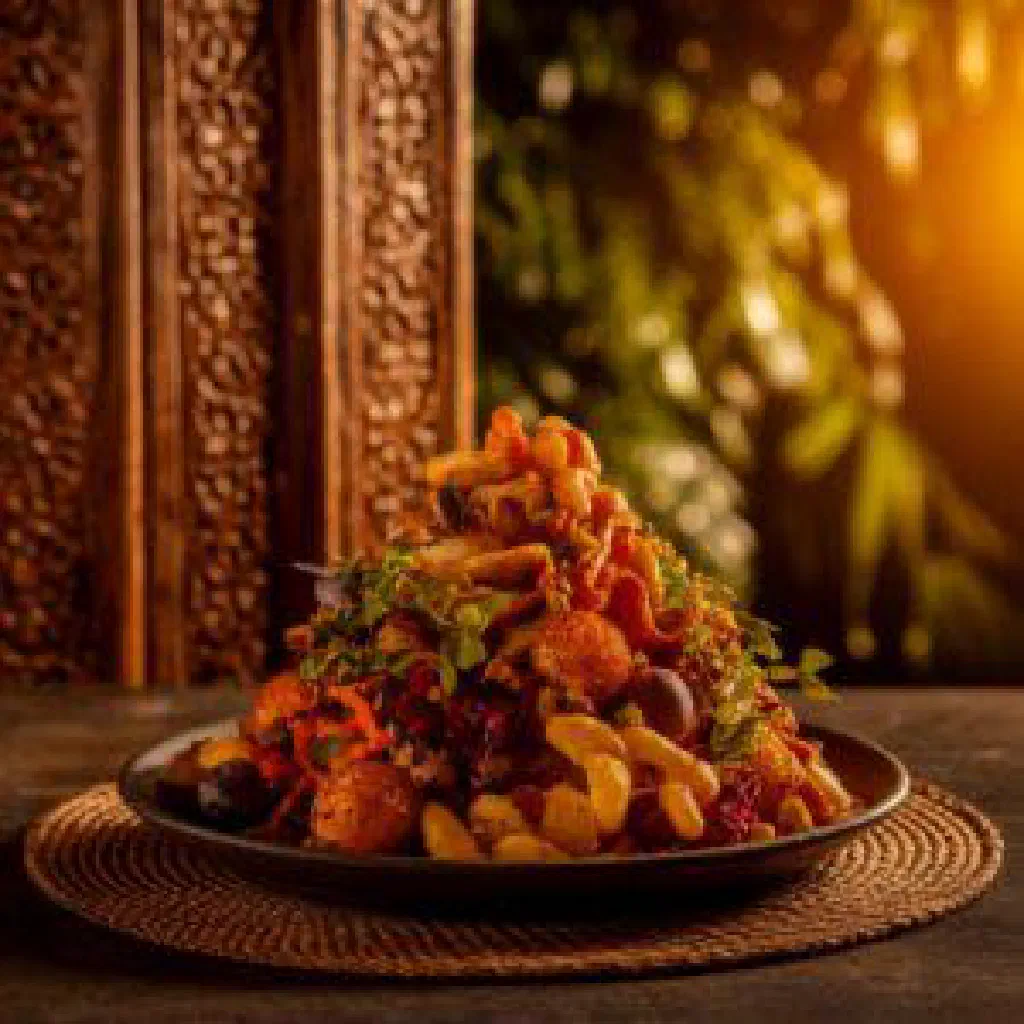 Bowl of gbo kpete with mashed cassava, peppers, tomatoes and fresh coriander