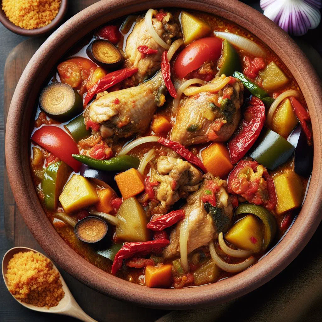 Kédjénou chicken stew with peppers and tomatoes served in a clay pot